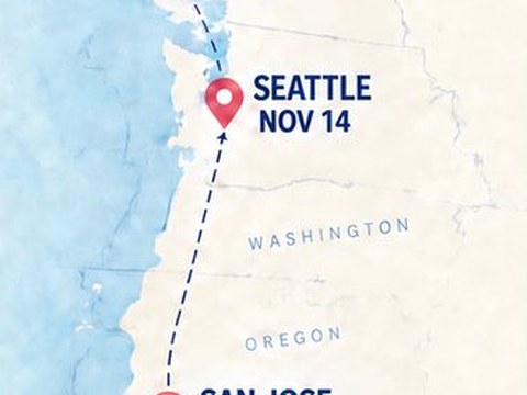 Tour route map showing the Seattle / Tacoma stop