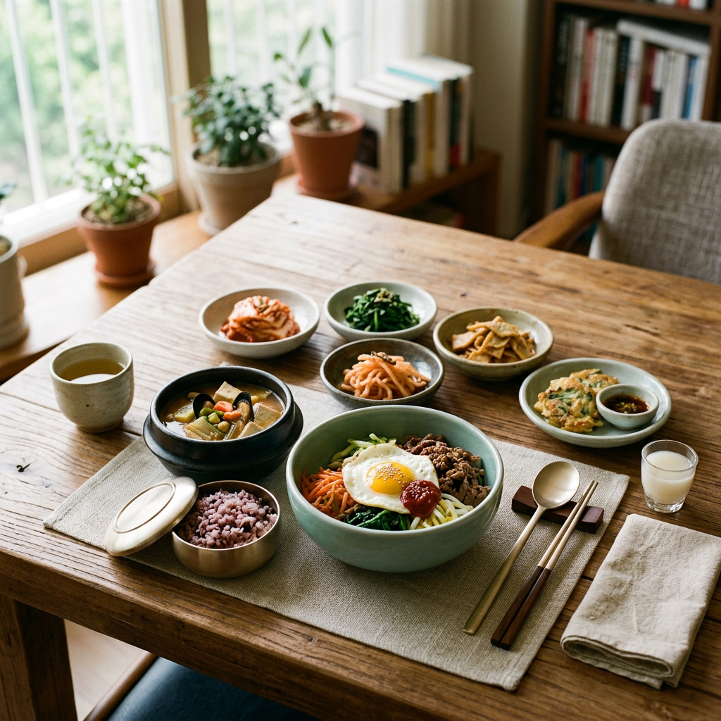 Korean bibimbap bowl with egg and assorted side dishes on a wooden table