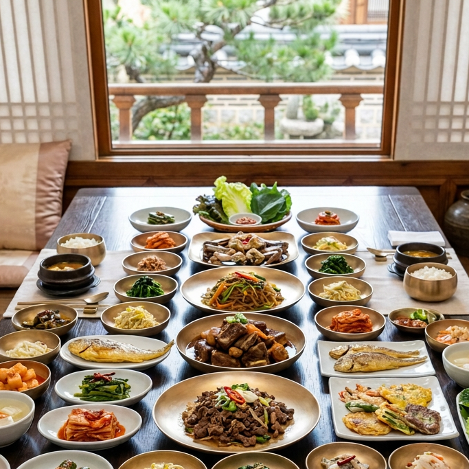 Korean traditional meal with rice, side dishes, grilled fish, vegetables, and soup on a wooden table